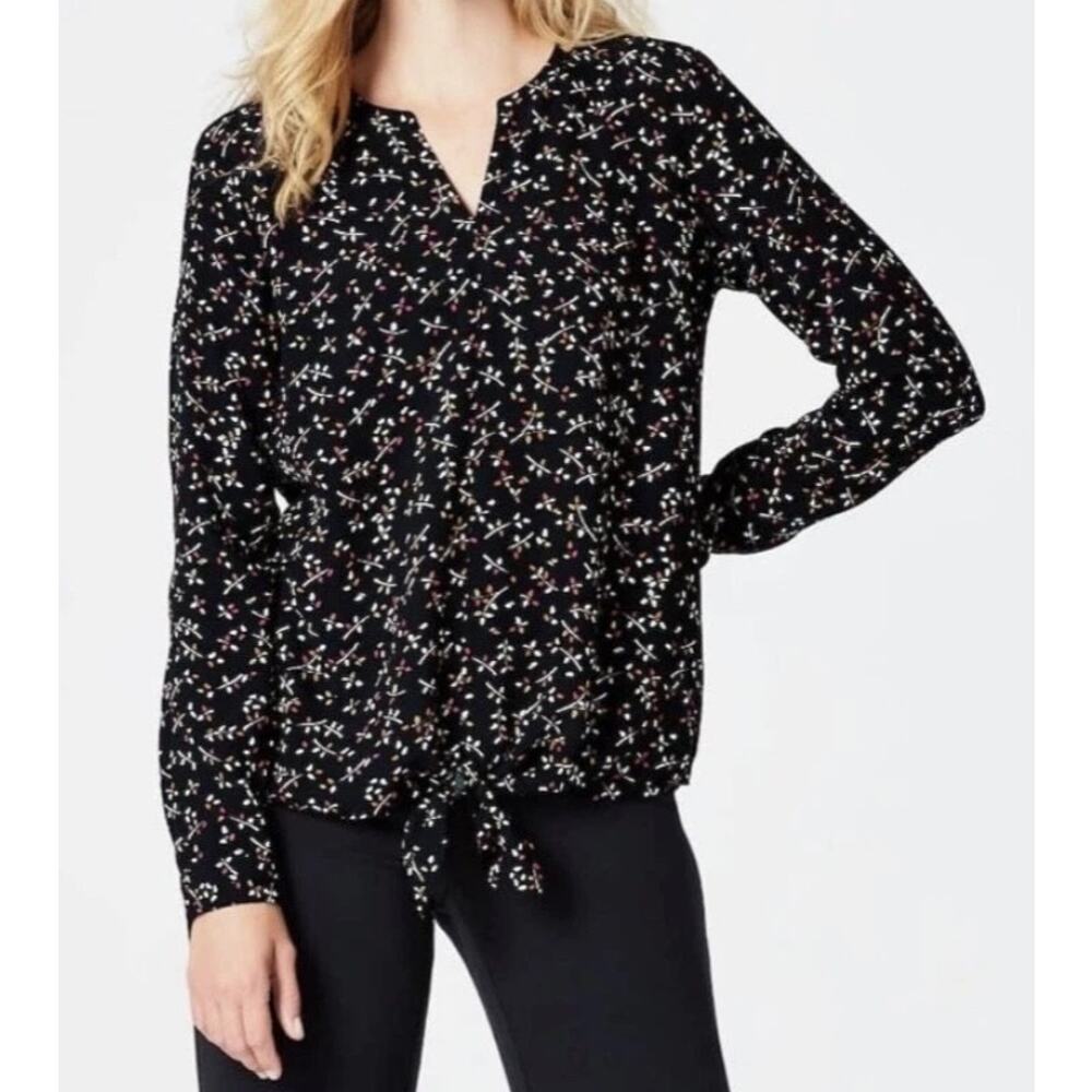 J. Jill Blouse Top Size Small Black Floral Tie Front Split Neck Long Sleeve Boho